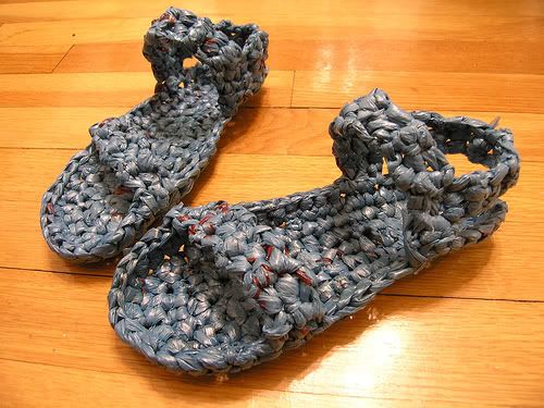 Sandal crocheted from plastic grocery bags